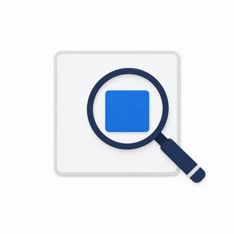 A magnifying glass over an empty square box with a blue square piece inside