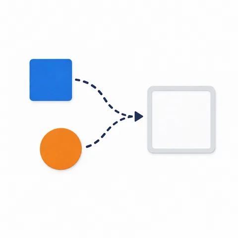 A blue square piece and an orange round piece slide along dotted arrows into an empty box