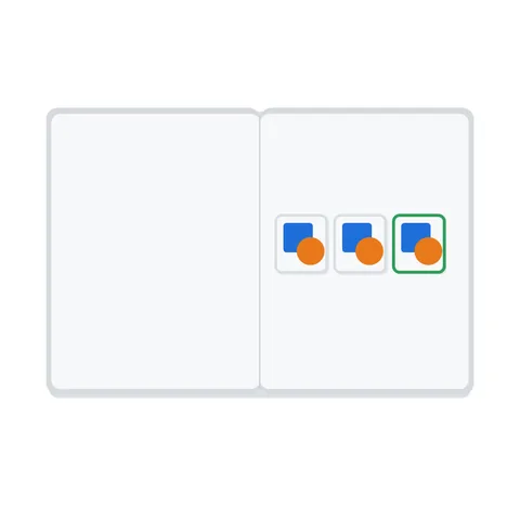 Three boxes of joined pieces in a row on an open book; only the last box has a green border