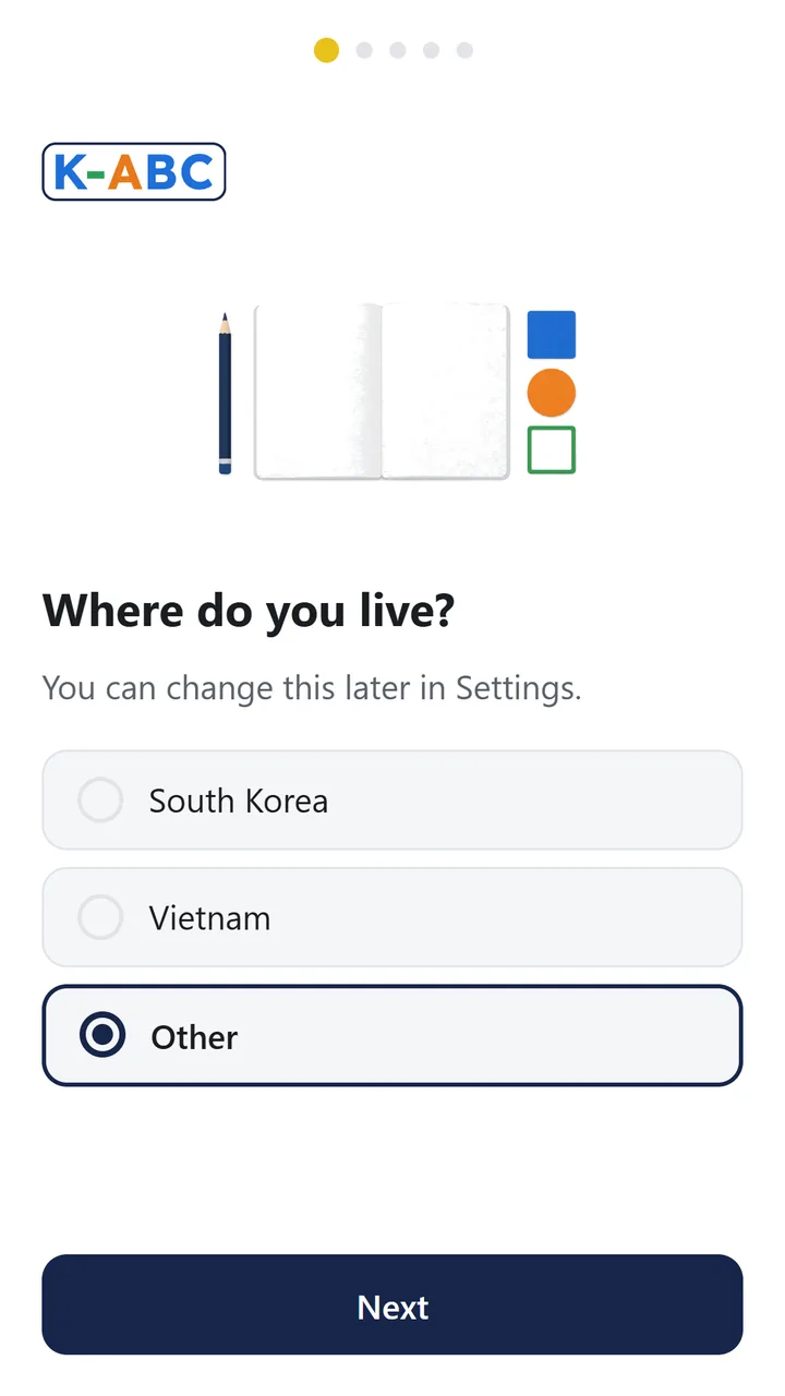 K-ABC first screen: the logo and an illustration above the question of where you live